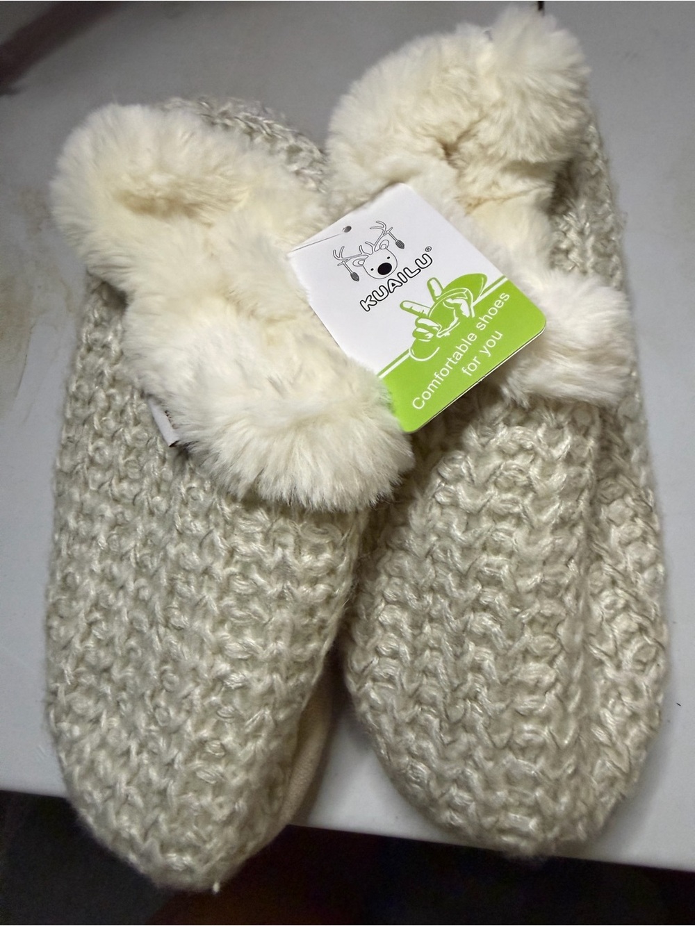 KUALU Knit Cream Women's Fur-Lined Slippers